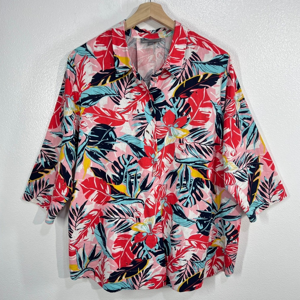 Jessica London Tropical Hibiscus & Palm‎ Leaf Button-Down Blouse 22W 3/4 Sleeve